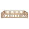 Full Size Floor Platform Bed with Fence and Door for Kids, Montessori Floor Bed Frame with Support Slats for Toddlers, Wooden Floor Bed Natural