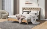 Upholstered Platform Bed with Rubber Wood Legs,No Box Spring Needed, Linen Fabric,Queen Size-Beige
