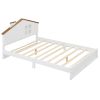 Full Size Wood Platform Bed with House-shaped Headboard and Built-in LED, Walnut+White